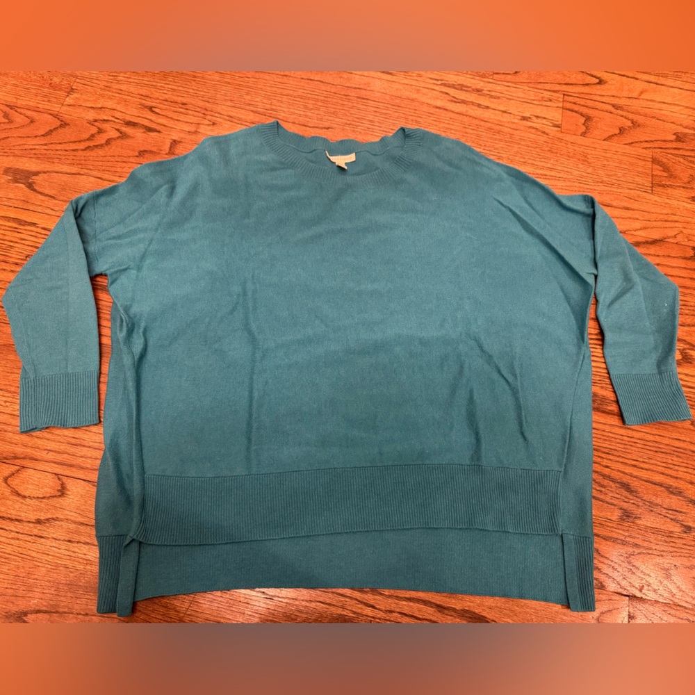 Eileen Fisher Teal Green Merino Wool Knit Sweater Crewneck Size S
